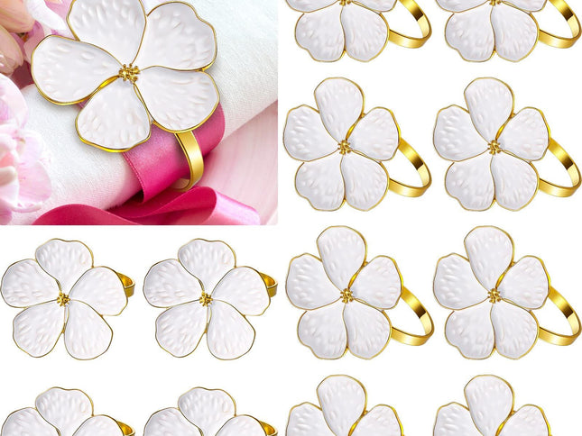 12 Pcs White Flower Napkin Rings Set, Holiday Gold Napkin Ring Holder Floral Serviette Buckles for Wedding Party Banquet