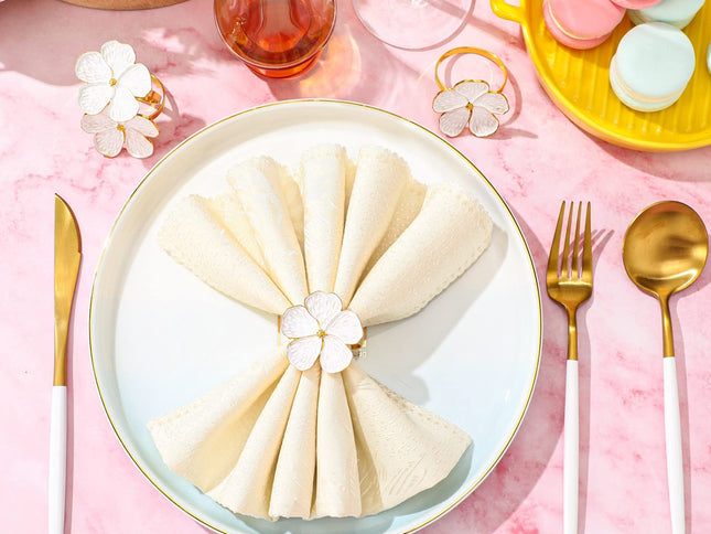 12 Pcs White Flower Napkin Rings Set, Holiday Gold Napkin Ring Holder Floral Serviette Buckles for Wedding Party Banquet
