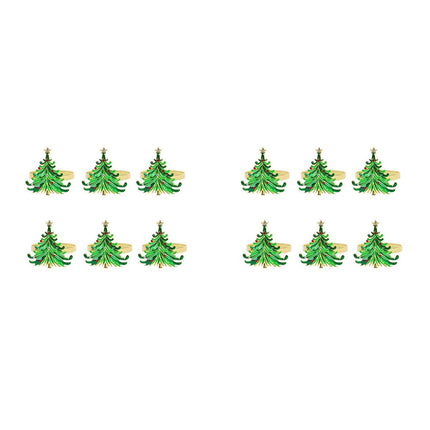 12Pcs Green Chirstmas Tree Napkin Rings,Golden Rings Designed with Red and for Christmas Dinning Table