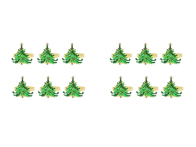12Pcs Green Chirstmas Tree Napkin Rings,Golden Rings Designed with Red and for Christmas Dinning Table