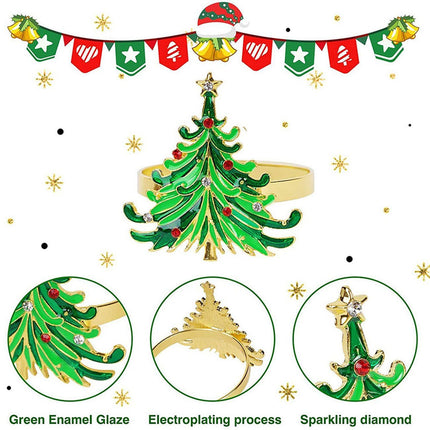 12Pcs Green Chirstmas Tree Napkin Rings,Golden Rings Designed with Red and for Christmas Dinning Table
