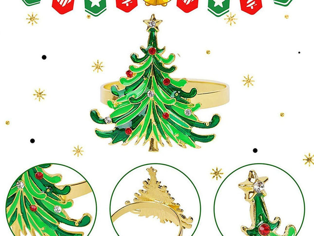 12Pcs Green Chirstmas Tree Napkin Rings,Golden Rings Designed with Red and for Christmas Dinning Table