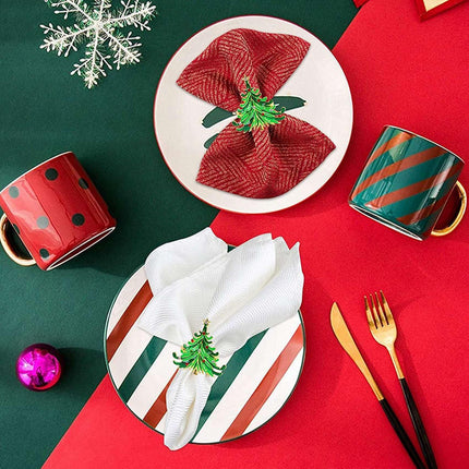 12Pcs Green Chirstmas Tree Napkin Rings,Golden Rings Designed with Red and for Christmas Dinning Table
