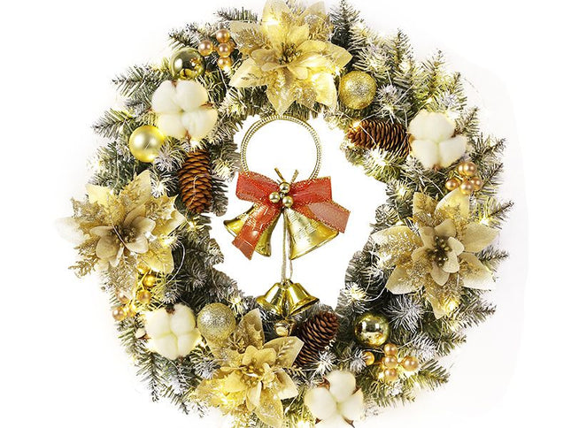 Golden Bell Front Door Artificial Christmas Wreath Pinecone Cotton Golden Flowers Indoor and Outdoor Farmhouse Home Decoration