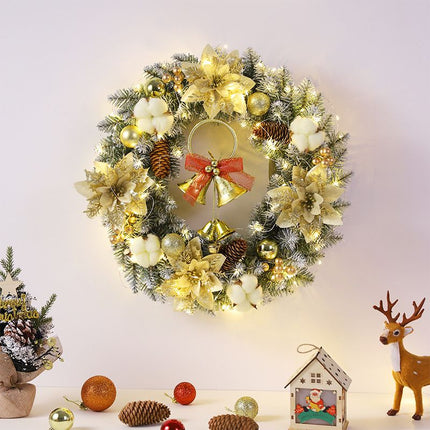 Golden Bell Front Door Artificial Christmas Wreath Pinecone Cotton Golden Flowers Indoor and Outdoor Farmhouse Home Decoration