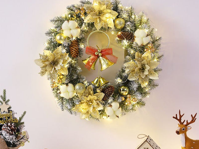 Golden Bell Front Door Artificial Christmas Wreath Pinecone Cotton Golden Flowers Indoor and Outdoor Farmhouse Home Decoration