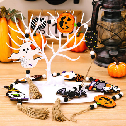 3pcs  Halloween Wooden Bead Wreath Farmhouse Tree Pumpkin Spider Skeleton Ghost Plaque Wall Decoration Bead String