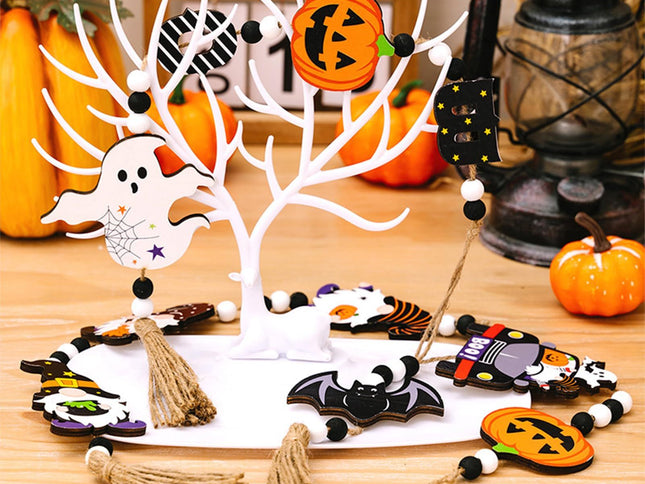 3pcs Halloween Wooden Bead Wreath Farmhouse Tree Pumpkin Spider Skeleton Ghost Plaque Wall Decoration Bead String