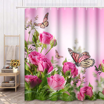 Butterfly Floral Shower Curtain 72 x 72 Inch, Pink Rose Blossom Shower Curtain Spring Romance Flower Bouquet Shower Curtain