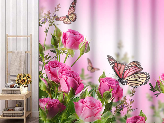 Butterfly Floral Shower Curtain 72 x 72 Inch, Pink Rose Blossom Shower Curtain Spring Romance Flower Bouquet Shower Curtain