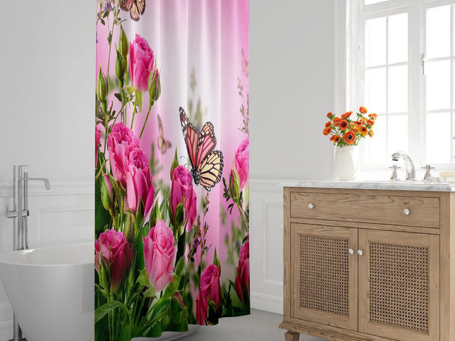 Butterfly Floral Shower Curtain 72 x 72 Inch, Pink Rose Blossom Shower Curtain Spring Romance Flower Bouquet Shower Curtain