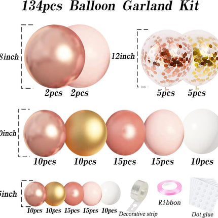 134 pcsRose Gold Balloons Garland Arch Kit, Rose Gold Pink White Confetti Balloons for Women Girls Princess Engagement Bridal