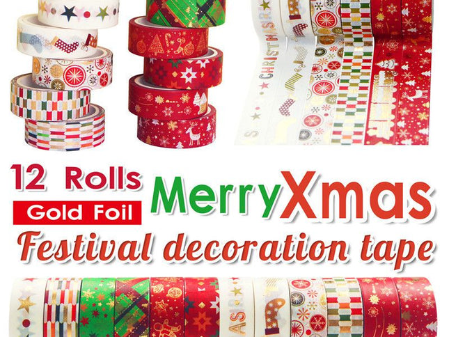 12 Rolls Christmas Tapes 15mm Wide Christmas Tree Snowflakes Santa Claus Gingerbread Man Masking Tape for Xmas Scrapbooking