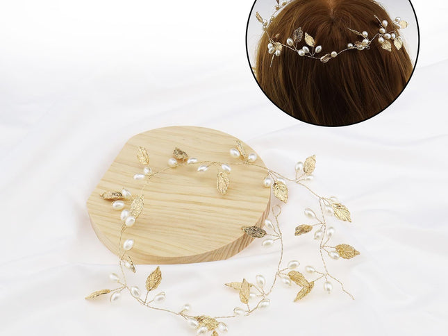 (golden)Wedding Leaf Hair Vine Bridal Pearl Headpiece Headbands Gold Hair Accessories for Brides and Bridesmaids