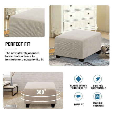 Square for Living Room Foot Stool Stretch Covers to Fit Foot Rest, Thick Checked Jacquard Fabric with Elastic Bottom (natural color)