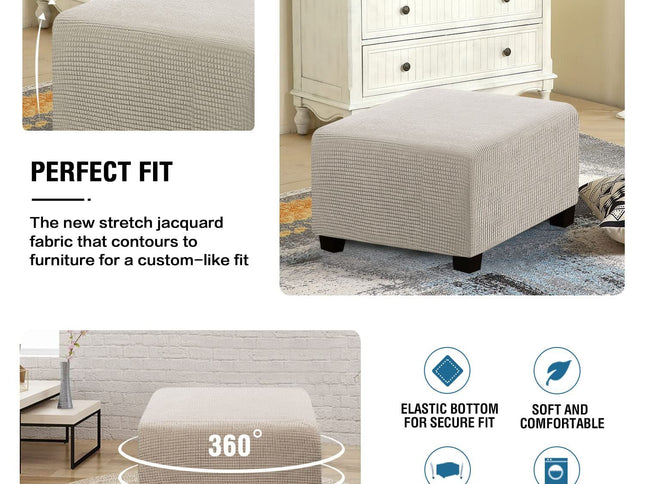 Square for Living Room Foot Stool Stretch Covers to Fit Foot Rest, Thick Checked Jacquard Fabric with Elastic Bottom (natural color)