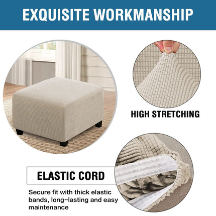Square for Living Room Foot Stool Stretch Covers to Fit Foot Rest, Thick Checked Jacquard Fabric with Elastic Bottom (natural color)
