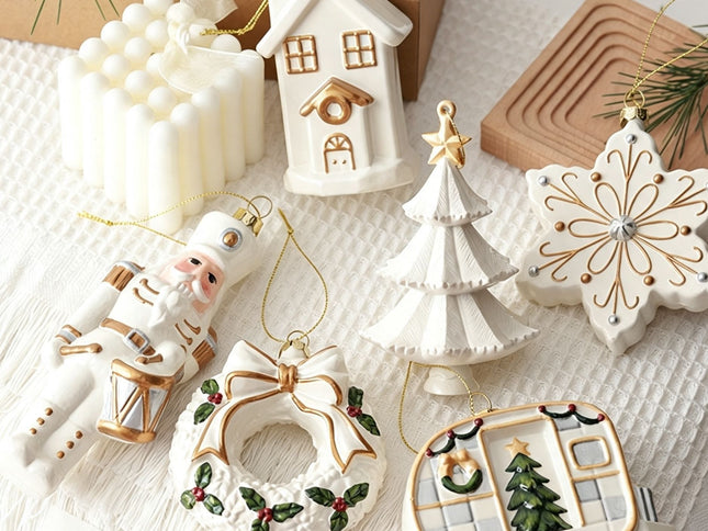 White & Gold 6 Pieces Assorted Hanging Ornament Set, Mixed Designs For Christmas & Halloween Scene Decoration