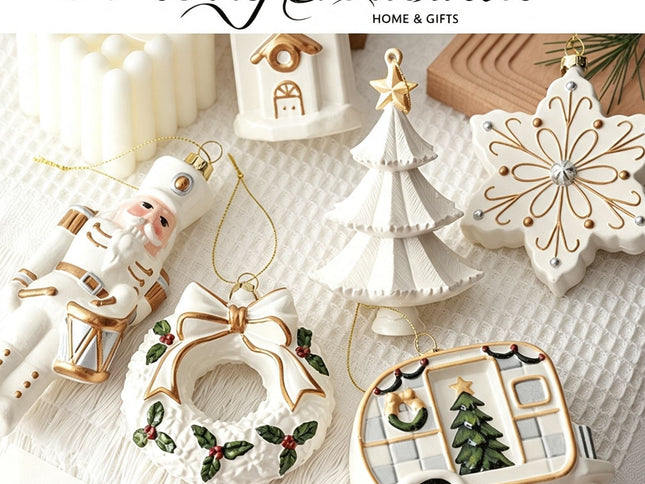 White & Gold 6 Pieces Assorted Hanging Ornament Set, Mixed Designs For Christmas & Halloween Scene Decoration