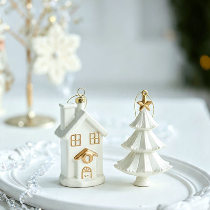 White & Gold 6 Pieces Assorted Hanging Ornament Set, Mixed Designs For Christmas & Halloween Scene Decoration