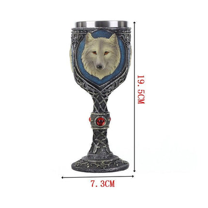 Resin Wolf Head Emblem Wine Goblet 2 PCS, Gothic Carved Resin Cup, Stainless Steel Inner Liner, Table Decor for Christmas & Halloween Gathering