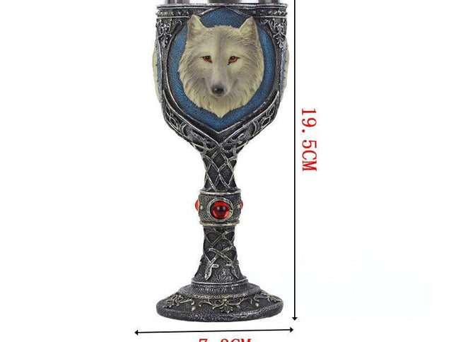 Resin Wolf Head Emblem Wine Goblet 2 PCS, Gothic Carved Resin Cup, Stainless Steel Inner Liner, Table Decor for Christmas & Halloween Gathering