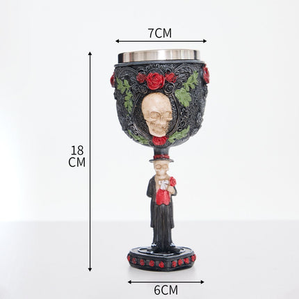 Resin Skull Goblet With Rose Floral Ornament 2 PCS, Carved Resin Wine Cup, Stainless Steel Liner for Christmas & Halloween Festive Gathering