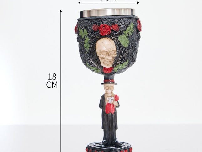 Resin Skull Goblet With Rose Floral Ornament 2 PCS, Carved Resin Wine Cup, Stainless Steel Liner for Christmas & Halloween Festive Gathering