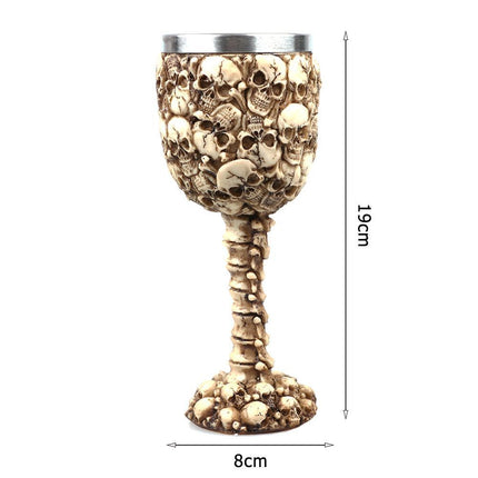 Resin Stacked‑Skulls Decorated Goblet 2 PCS, Full‑surface Skull Embossing, Stainless Steel Inner Cup for Christmas & Halloween Party Display