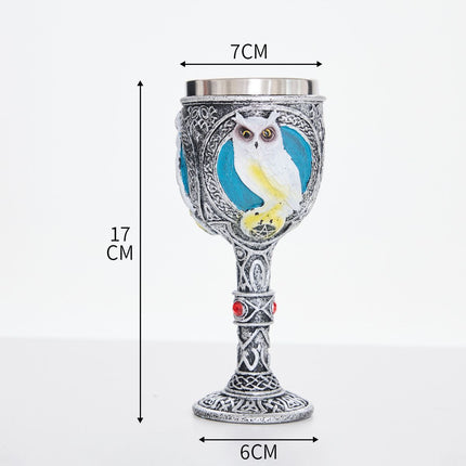 Resin Owl Emblem Gothic Goblet 2 PCS, Pattern‑carved Resin Cup, Stainless Steel Liner, Novelty Tableware for Christmas & Halloween Celebration
