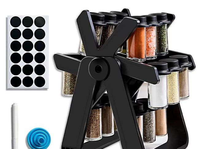 Upgraded Rotating Spice Organizer with 18 Glass Condiment Bottles, Kitchen Countertop Seasoning Storage Rack, Christmas & Halloween Household Decor Accessory, Thoughtful Holiday Present