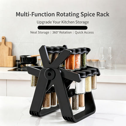 Upgraded Rotating Spice Organizer with 18 Glass Condiment Bottles, Kitchen Countertop Seasoning Storage Rack, Christmas & Halloween Household Decor Accessory, Thoughtful Holiday Present