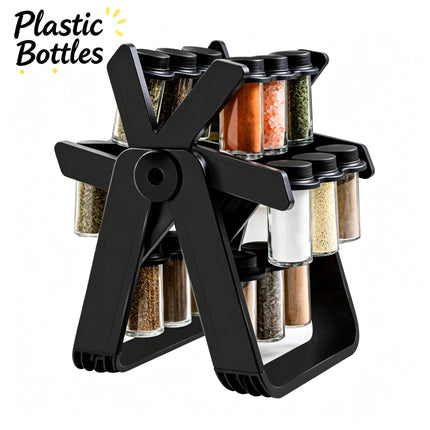 Rotating Kitchen Condiment Storage Rack, 18‑Piece Plastic Spice Bottle Set, Countertop Seasoning Organizer, Christmas & Halloween Kitchen Gadget, Nice Holiday Souvenir Gift