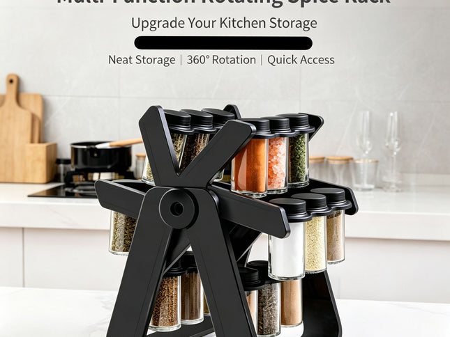 Rotating Kitchen Condiment Storage Rack, 18‑Piece Plastic Spice Bottle Set, Countertop Seasoning Organizer, Christmas & Halloween Kitchen Gadget, Nice Holiday Souvenir Gift