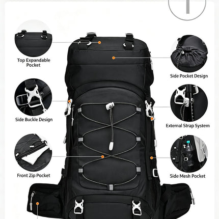 Heavy‑Duty Nylon Camping Rucksack 60L Dark Blue,Adjustable Volume Backpack With Rain Cover,Reliable Gear for Hiking Long‑Distance Travel,Christmas Halloween Outdoor Trip Gift Idea