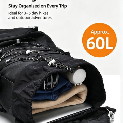 Versatile Outdoor Trekking Backpack 60L Black,Nylon Travel Rucksack Supplied With Rain Cover,Robust Pack for Camping Hiking & Touring,Christmas Halloween Practical Holiday Present