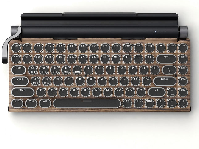 83-Key Typewriter-Style Mechanical Keyboard ‚Äì Bluetooth, Hot-Swappable Blue Switches, White Backlight, Wood Grain