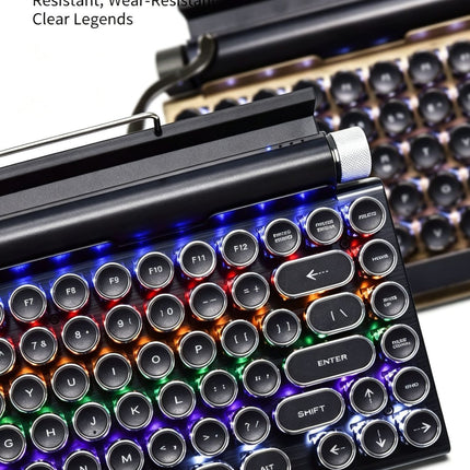 83 Keys Retro Punk Typewriter Mechanical Keyboard, Dual-Mode Bluetooth Hot Swappable Clicky Blue Switch, Wood Grain Shell With White Backlight, Custom Typing Accessory, Christmas Halloween Tech Enthusiast Gift