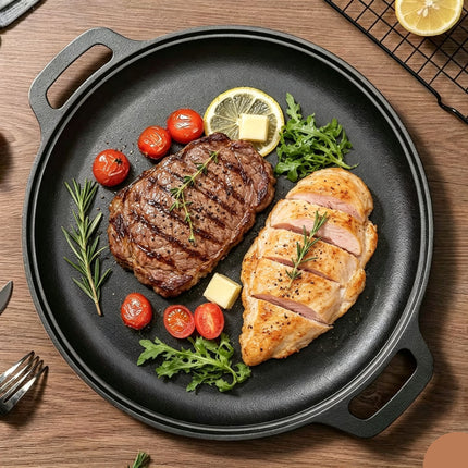 Heavy Duty Double Handle Cast Iron Griddle, Uncoated Solid Iron Pan for Steak, Pork Chops & Breakfast Pancakes, 35cm Griddle, Compatible with BBQ, Induction & Campfire, Christmas & Halloween Kitchen Gift