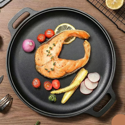 Dual Ear Uncoated Cast Iron Flat Griddle, Thick Solid Iron Skillet for Searing Meat, Flatbread & Seafood, 30cm Griddle, Durable Multi-Purpose Home Cookware, Christmas & Halloween Housewarming Present