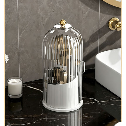 Rotatable Birdcage Vanity & Desktop Organiser, Dustproof Compartment Storage for Cosmetics, Stationery, Toothpaste, Knives, Forks & Spoons, Transparent Grey, 2 Pack, Christmas & Halloween Multi-scene Gift