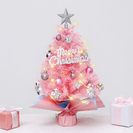 45cm Pink Mini Christmas Tree | Natural Log Base, Pink & Blue Wrapped Design, Star Topper, Letter Sign, Ornaments & Bows, Sweet Desktop Holiday Décor (No Lights Version)