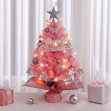45cm Pink Mini Christmas Tree | Natural Log Base, Pink & Blue Wrapped Design, Star Topper, Letter Sign, Ornaments & Bows, Sweet Desktop Holiday Décor (No Lights Version)