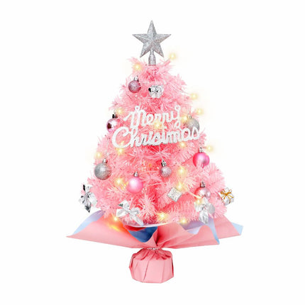 45cm Pink Mini Christmas Tree | Natural Log Base, Pink & Blue Wrapped Design, Star Topper, Letter Sign, Ornaments & Bows, Sweet Desktop Holiday Décor (No Lights Version)