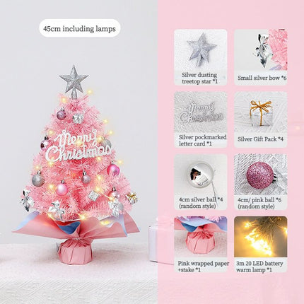 45cm Pink Mini Christmas Tree | Natural Log Base, Pink & Blue Wrapped Design, Star Topper, Letter Sign, Ornaments & Bows, Sweet Desktop Holiday Décor (No Lights Version)