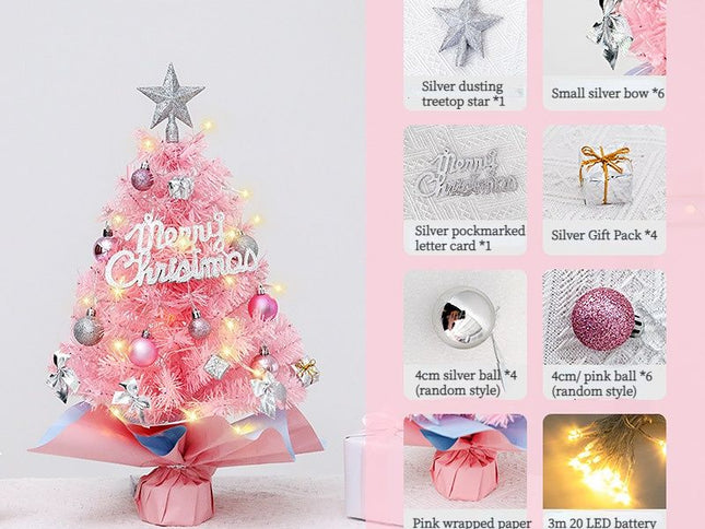 Mini Christmas Tree with Ornaments & Pink/Blue Wrapped Design ‚Äì 45cm, Pink, Warm LED Battery Lights