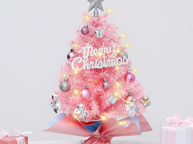 Mini Christmas Tree with Ornaments & Pink/Blue Wrapped Design ‚Äì 45cm, Pink, Warm LED Battery Lights