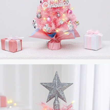 45cm Pink Mini Christmas Tree | Natural Log Base, Pink & Blue Wrapped Design, Star Topper, Letter Sign, Ornaments & Bows, Sweet Desktop Holiday Décor (Including lamp: LED battery warm lamp)