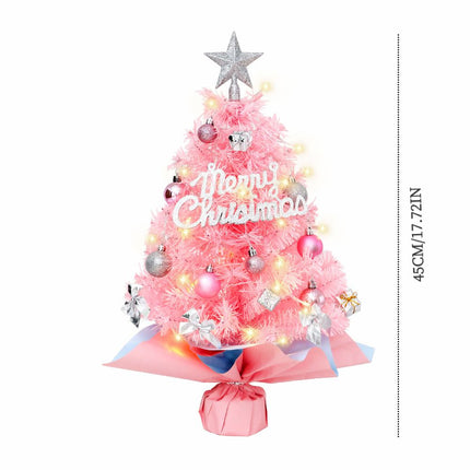 45cm Pink Mini Christmas Tree | Natural Log Base, Pink & Blue Wrapped Design, Star Topper, Letter Sign, Ornaments & Bows, Sweet Desktop Holiday Décor (Including lamp: LED battery warm lamp)