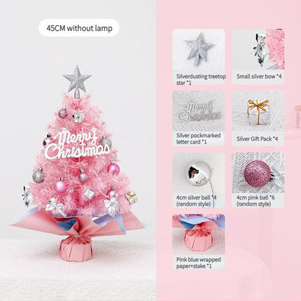 45cm Pink Mini Christmas Tree | Natural Log Base, Pink & Blue Wrapped Design, Star Topper, Letter Sign, Ornaments & Bows, Sweet Desktop Holiday Décor (Including lamp: LED battery warm lamp)